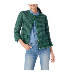 J CREW Crochet Trim Sweater Jacket In Spicy Jade Navy Marl Large Long Sleeve